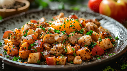 A black pan with potatoes and an egg on top. The potatoes are cut into small pieces and the egg is cooked. The dish looks delicious and ready to be served