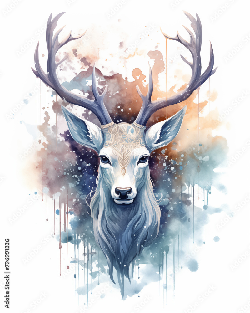 Ethereal Watercolor Stag with Majestic Antlers, Mystical Wildlife Art