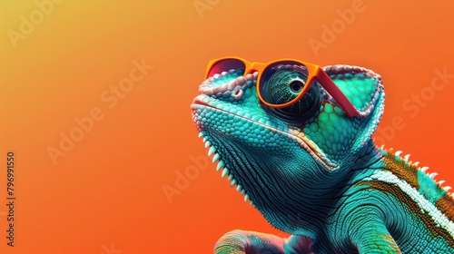 Chameleon wearing sunglasses on a solid color background  art  digital art  faceted  minimal  abstract  panorama background