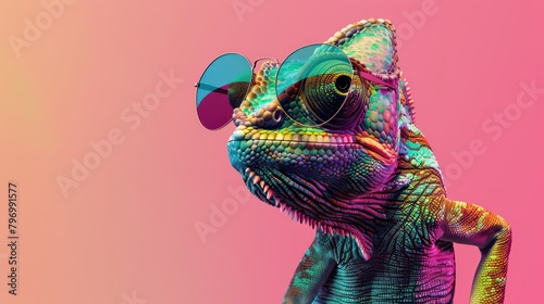 Chameleon wearing sunglasses on a solid color background, art, digital art, faceted, minimal, abstract, panorama background