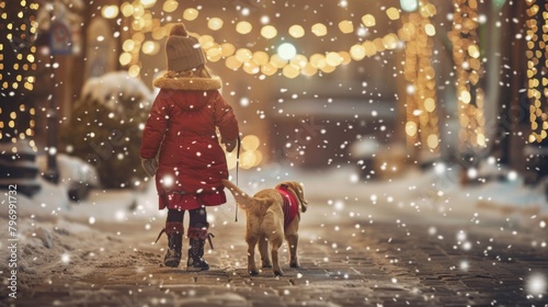 Dog and a child walking in street in holiday in snow field in winter photo