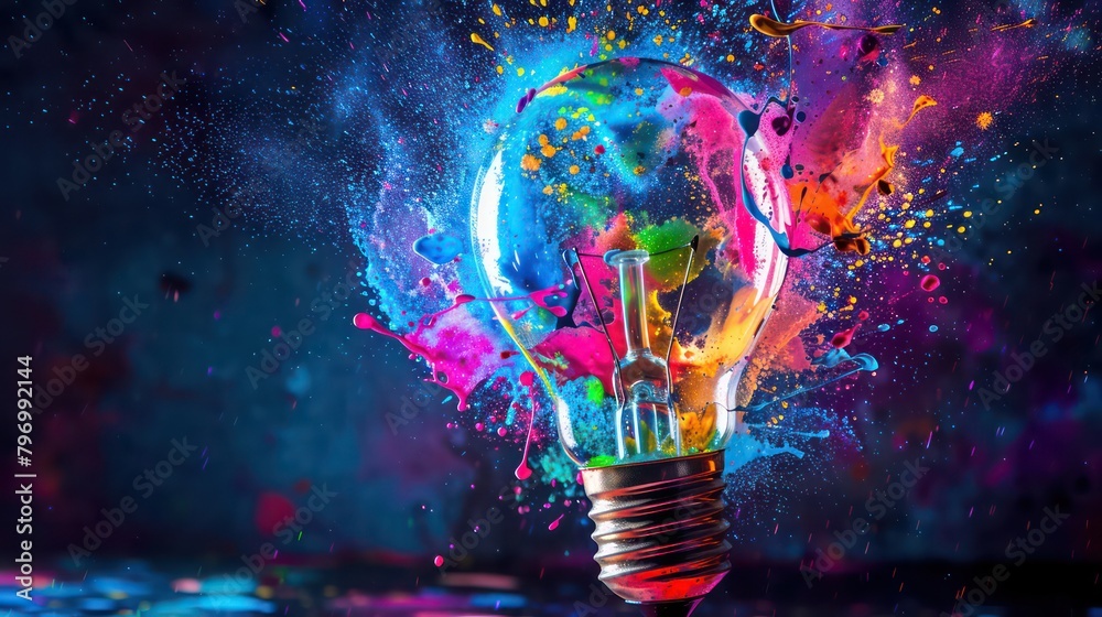 Creative light bulb explodes with colorful paint and splashes on a black background Creative light bulb explodes with colorful paint and splashes on a black background