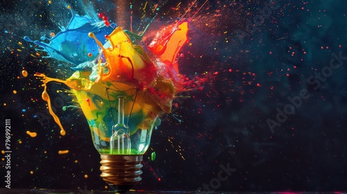 Lightbulb eureka moment with Impactful and inspiring artistic colourful explosion of paint energy photo