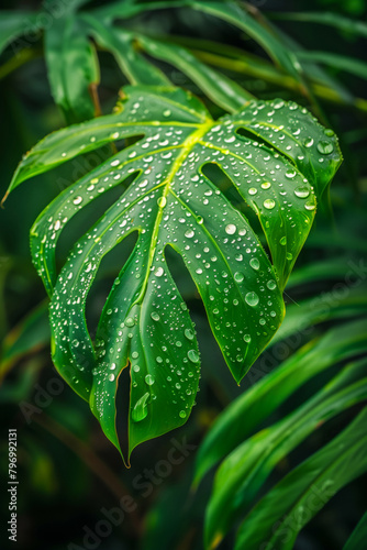 Monstera Leaf with Raindrops Close-Up