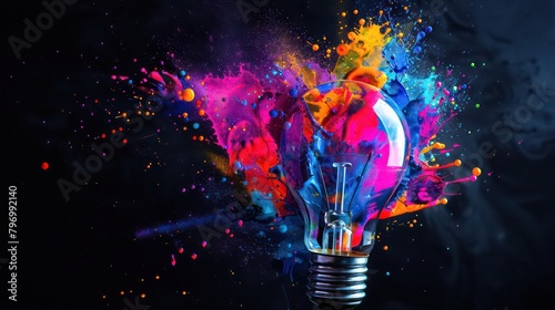 Creative light bulb explodes with colorful paint and splashes on a black background