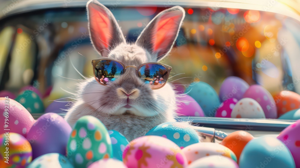 Cute Easter Bunny with sunglasses looking out of a car filed with easter eggs