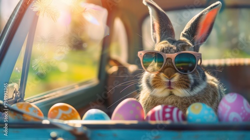 Cute Easter Bunny with sunglasses looking out of a car filed with easter eggs