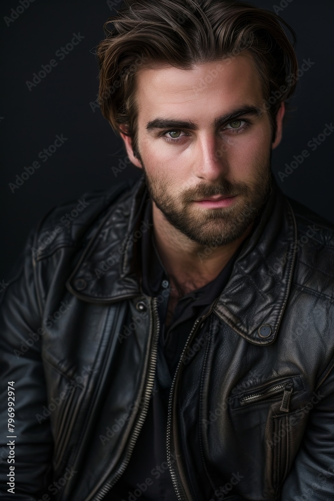 Handsome young man in leather jacket posing against dark background
