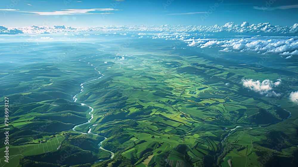 From above, an awe-inspiring landscape unfolds, captured from an airplane. A mesmerizing blue sky stretches above lush green fields, meandering rivers, and towering mountains. This vista beckons one t From above, an awe-inspiring landscape unfolds, captured from an airplane. A mesmerizing blue sky stretches above lush green fields, meandering rivers, and towering mountains. This vista beckons one t