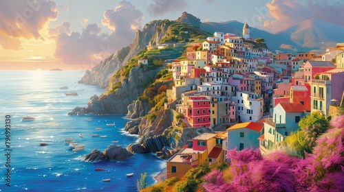 Sunrise Serenity: Mediterranean Cliffside Village, generative ai