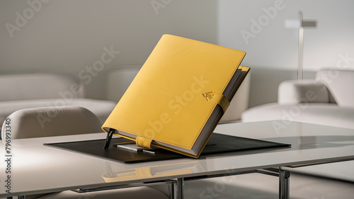  A stunning image of a pristine yellow leather folder elegantly positioned on a pristine white desk in a minimalist room.