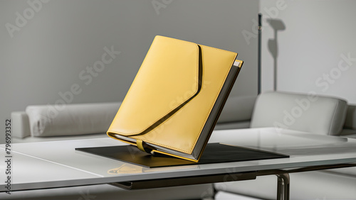  A stunning image of a pristine yellow leather folder elegantly positioned on a pristine white desk in a minimalist room.