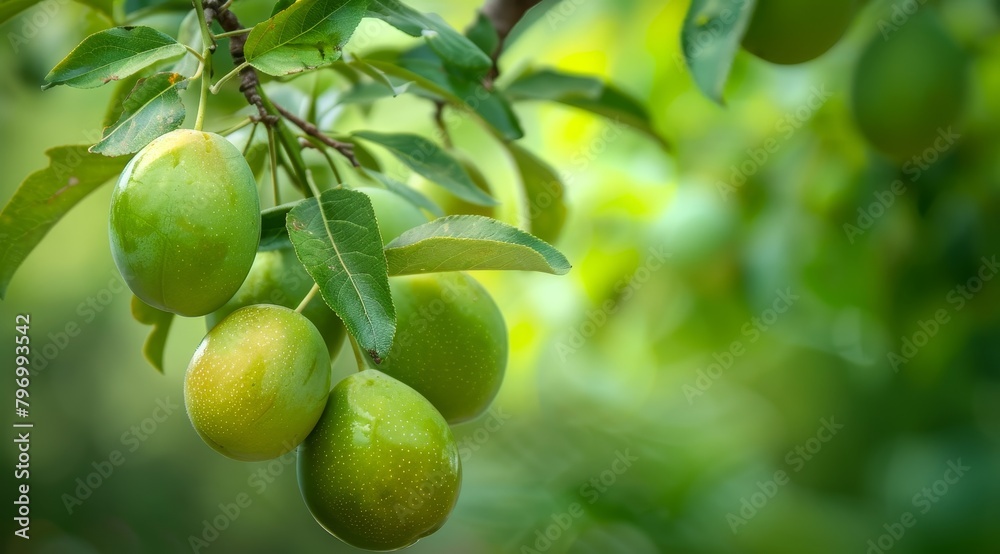 Fresh green plums hanging on a branch in a garden