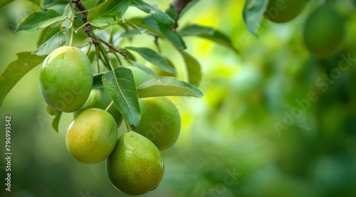 Fresh green plums hanging on a branch in a garden photo