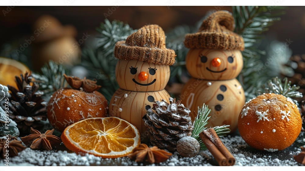 Vintage Christmas Ornaments with Cinnamon Sticks and Wooden Figures, generative ai