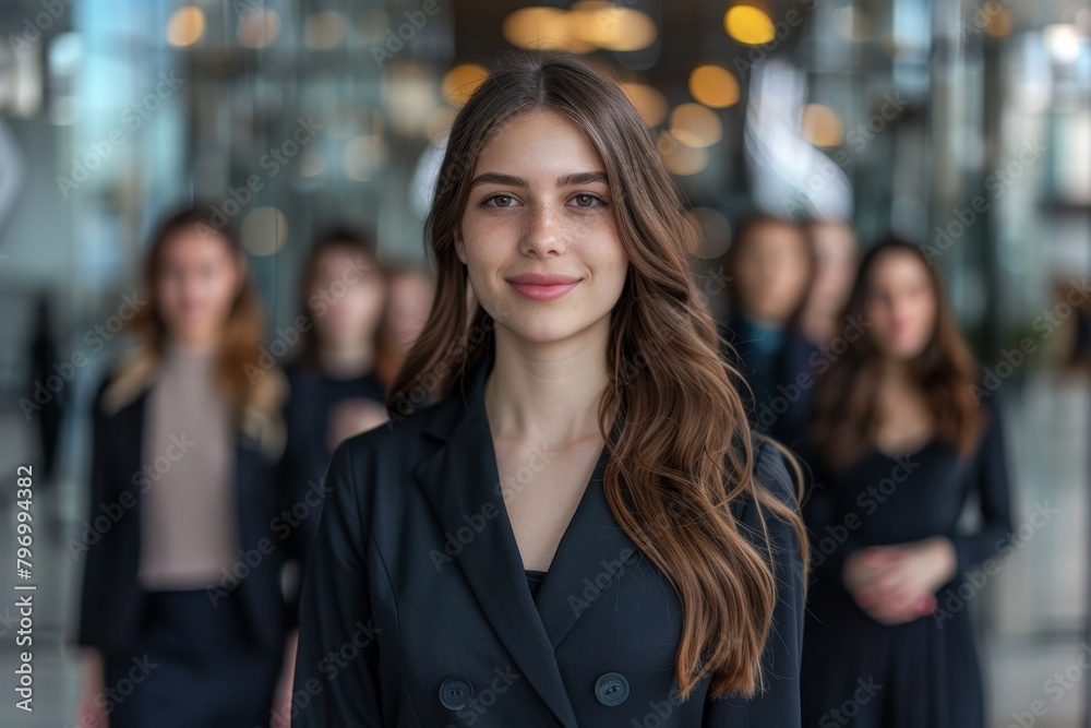 Obraz premium Confident young businesswoman with team in background