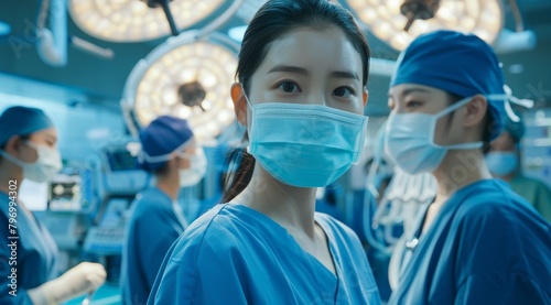 Medical professionals in surgical gear in a hospital operating room
