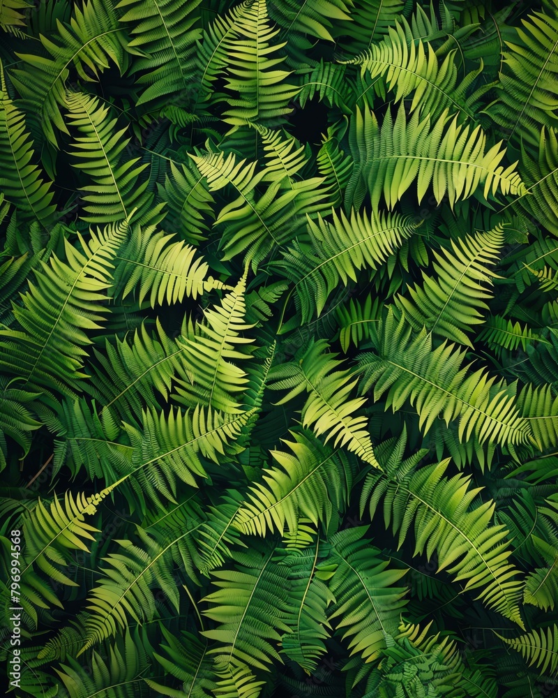 green ferns background, top view, hyper realistic, high resolution photography photographic style