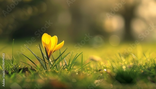 Single yellow crocus blooming in early spring sunlight