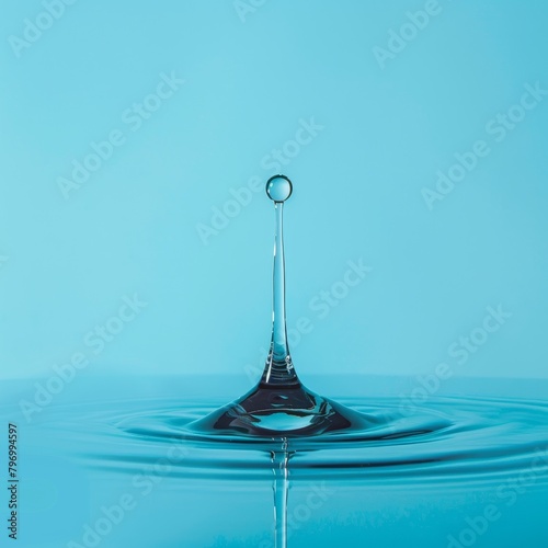 Perfect water droplet creating ripples on serene blue surface