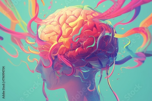 Dynamic digital painting capturing human profile with brain overflowing in vibrant abstract colors representing creativity, inspiration, diversity of thought. Vibrant Mind: Abstract Brain and Colors photo
