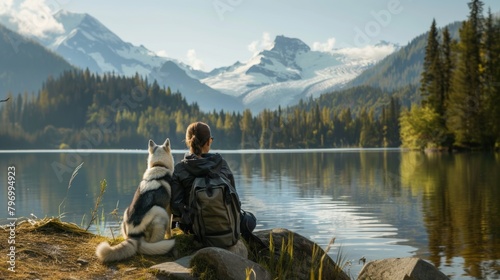 Portrait of a Husky dog with a hiker rest at lake with snow mountain in outdoor park