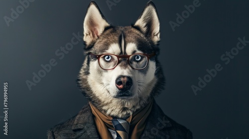 Portrait of a Husky dog in suit over plain background