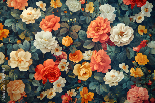 Vintage fantasy wallpaper with colorful retro floral motifs, perfect for digital backgrounds and floral print designs.