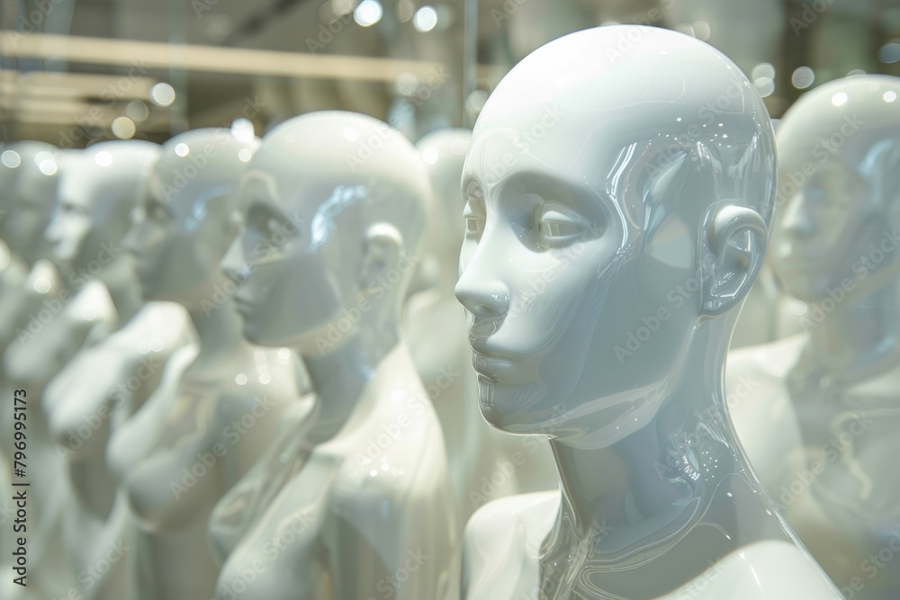 Obraz premium faces of white mannequins with neon orange color. AI - human relationship. Robot head. The uncanny valley scientific effect illustration. 