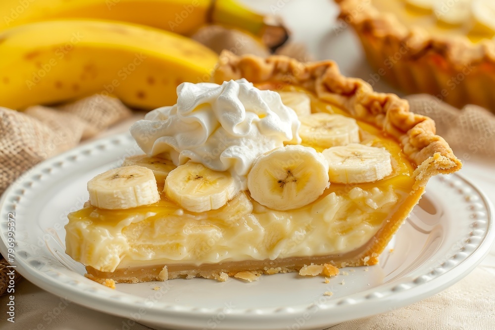 Delicious slice of banana cream pie topped with whipped cream Delicious slice of banana cream pie topped with whipped cream