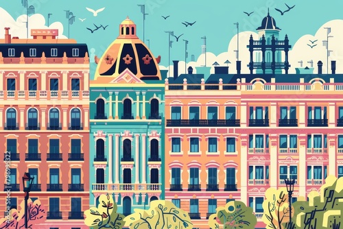 Madrid, capital of  Spain, architecture travel  postcard. Colorful buildings flat illustration.  © Dina