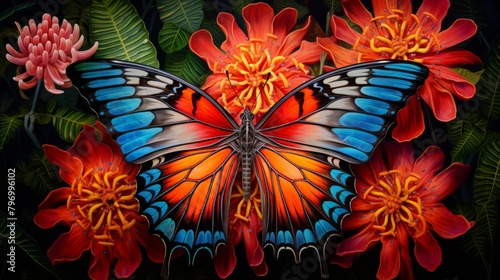 Vibrant tropical butterfly with striking colors perched on exotic flowers