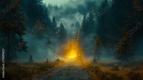 An eerie and mysterious night in a forest with dry trees, fog, and mystical light. Concept Night Photography, Eerie Forest, Mystical Light, Spooky Atmosphere