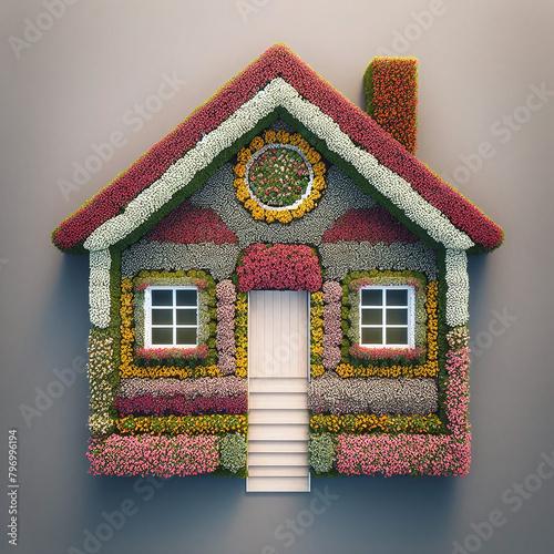 A vibrant house facade adorned with colorful flowers, featuring a white door and symmetrical windows against a neutral background.