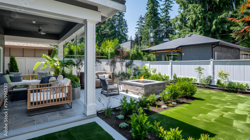 a backyard with a white aluminum horizontal fence with lush greenary. a porch