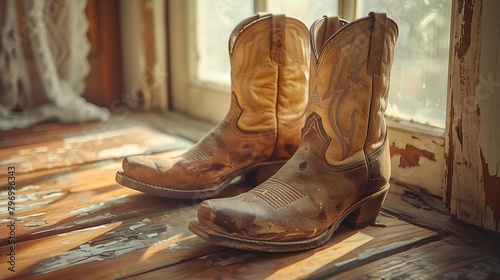 Rustic Leather Boots Bathed in Late Afternoon Sunlight, generative ai