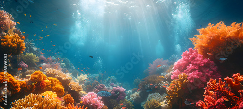 Vibrant coral and marine life on the seabed create a colorful and tranquil underwater scene, suitable for marine biology and nature-themed content. photo