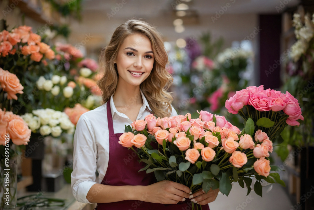 The girl is a florist, works in a flower shop.Smiling.