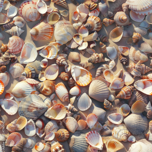 Seamless pattern of various shells on sandy beach