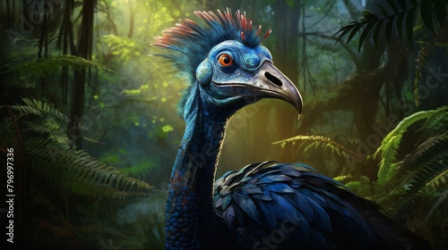 Striking blue cassowary in a misty woodland setting, showcasing vibrant feathers and exotic appearance © Yusif