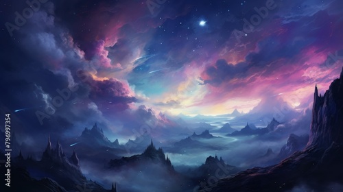 Stunning celestial landscape with swirling nebulas, vibrant colors, and majestic mountains