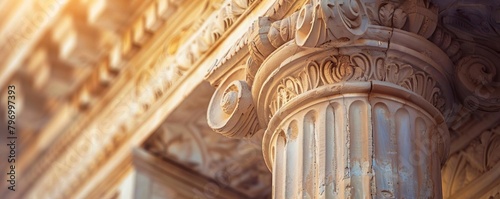 A close up of an ornate column capital with a fluted column in the background photo