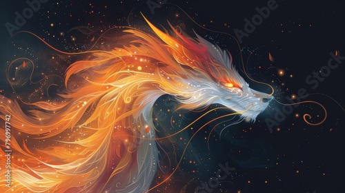Majestic phoenix in radiant gold and orange flames on a dark digital art background