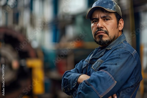 Hispanic male factory worker confidently posing in industrial setting in candid shot. Concept Industrial Photoshoot, Factory Worker, Candid Poses, Hispanic Male, Confidence