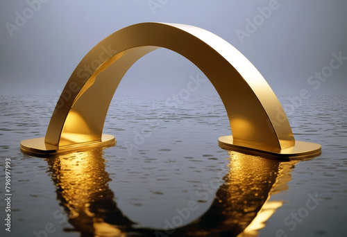 'Modern trendy product cobbles 3d floor golden background reflection render wet showcase arch water minimal abstract poduim three-dimensional cobbled rock gold blank' photo