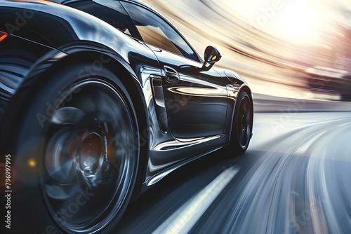 Fast-moving black sports car on road with motion blur effect. Concept Sports Car, Motion Blur, Black Vehicle, Speed, Road photo