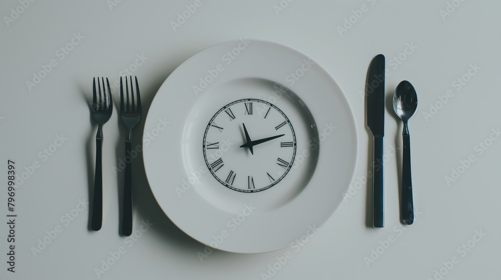 Naklejka premium A plate in the shape of a clock with hands and cutlery on the table. AI generation.