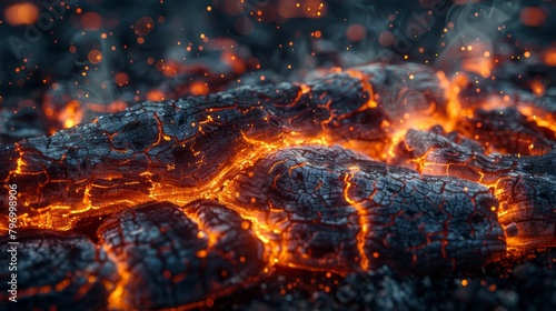 Captivating close-up of a glowing campfire log with vibrant flames and textured charcoal photo