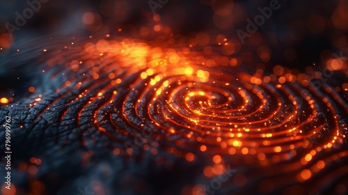 Fiery fingerprint close-up: Intricate patterns and golden light on a dark backdrop
