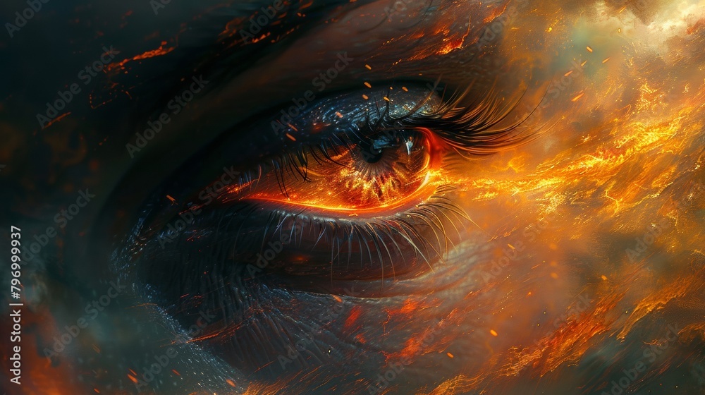 Intense close-up of a fiery tear falling from a human eye, evoking strong emotion and drama - obrazy, fototapety, plakaty 